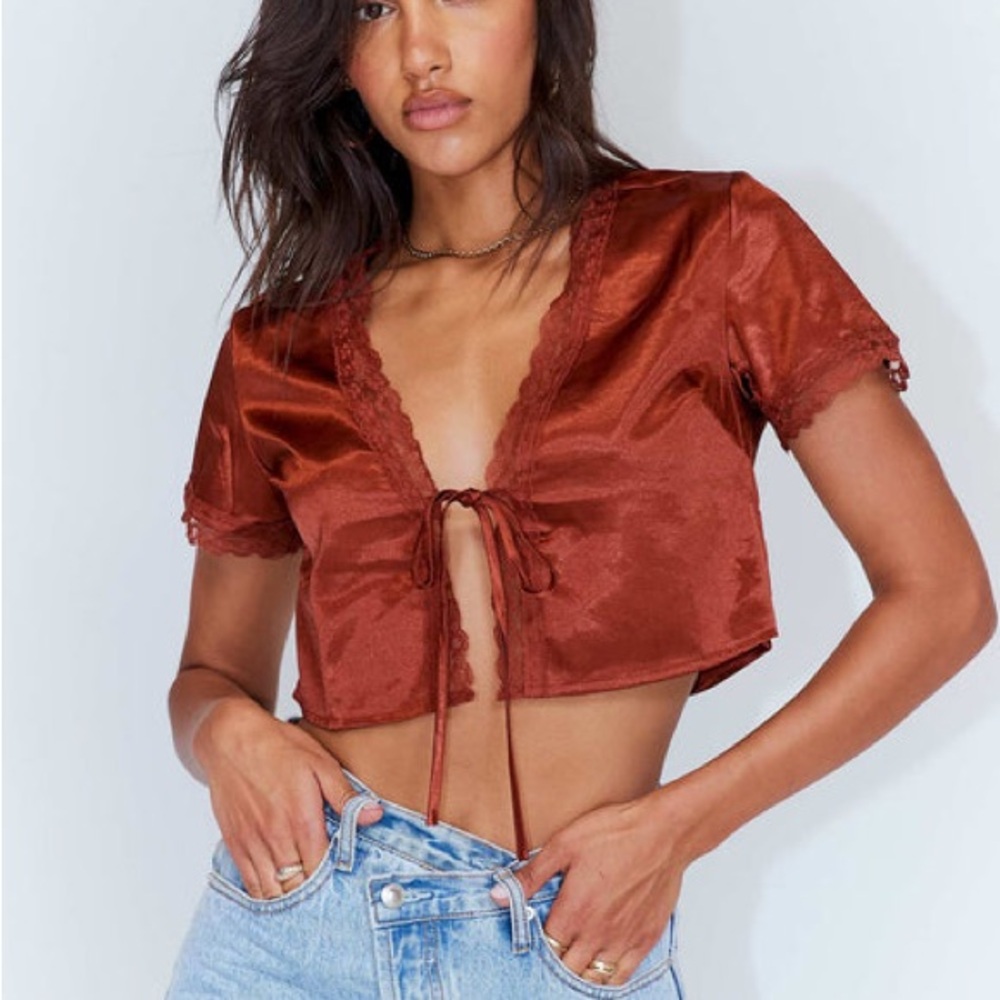 Princess Polly Rust Satin Lace Crop Tie Top